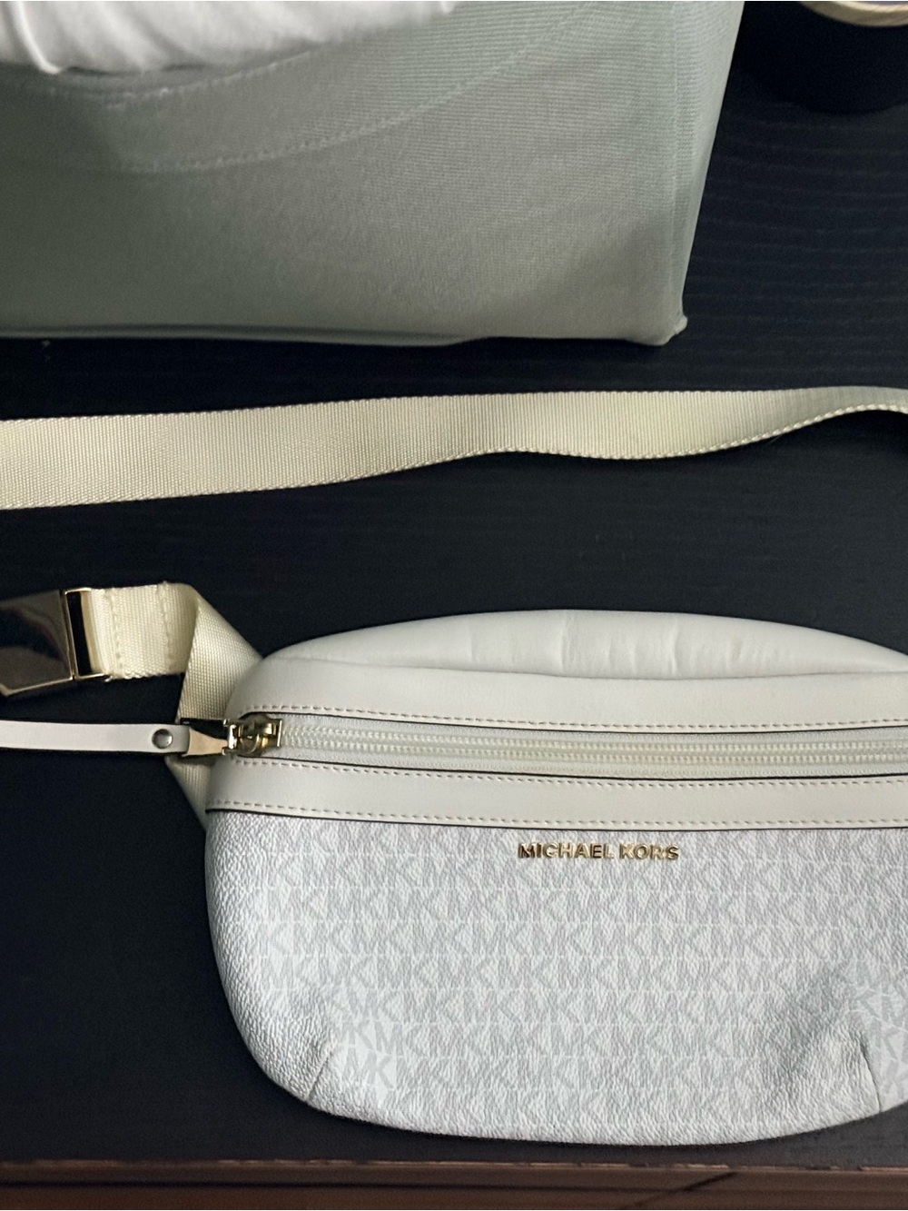 Michael Kors White Logo-Print Crossbody Belt Bag with Gold Hardware